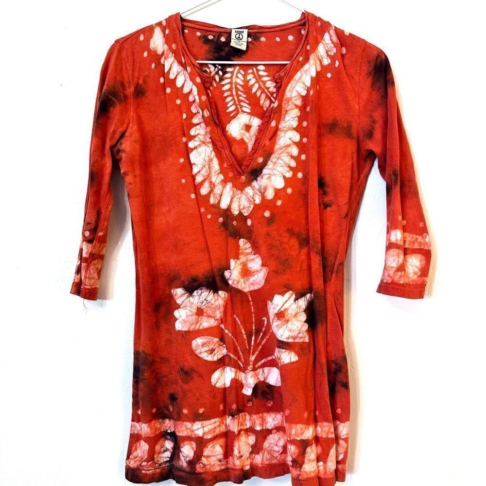 Vintage Lucky Brand Tie-Dye Floral Peasant Quarter Sleeve Tunic Top Red Orange X